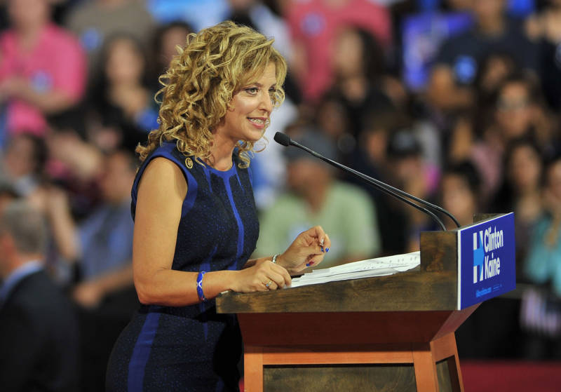 Former Democratic National Committee Chair Debbie Wasserman Schultz addresses a campaign rally for Hillary Clinton on July 23, 2016.