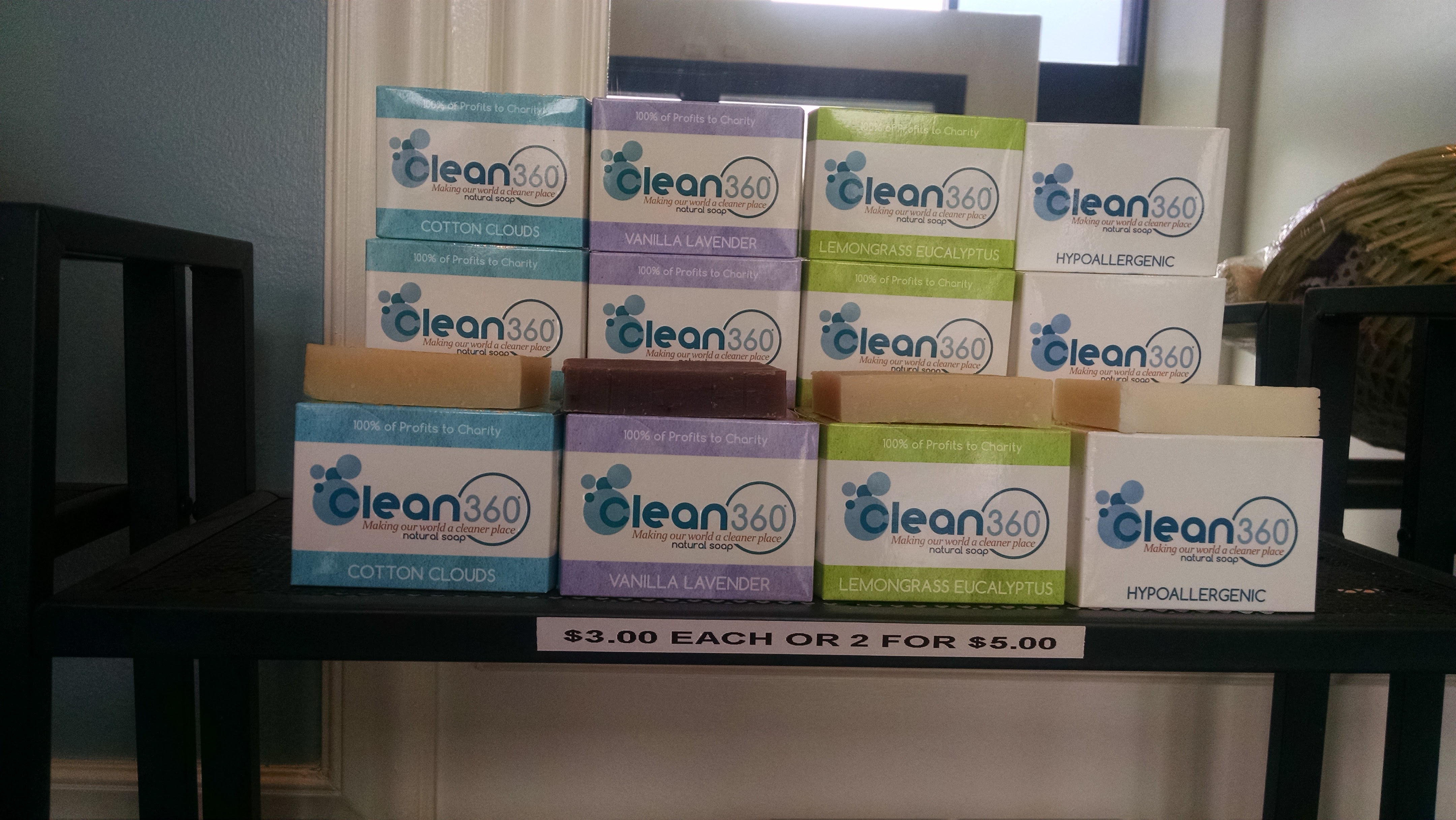 One hundred percent of the proceeds from Clean 360's three dollar-a-piece soaps goes back into the company.