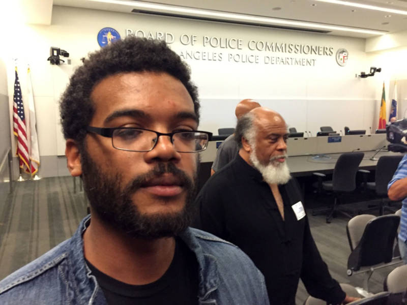 Marcus Vaughn, husband of Redel Kentel Jones, who was shot and killed by Los Angeles police officers in August 2015, traveled from Oakland to appear at a meeting of L.A. police commissioners on July 12, 2016. Vaughn said he was there to urge the commission to change LAPD policies because they don't work. "They only result in murder and separations of families," he said. The commission was considering whether officers acted within policy when they shot the 30-year-old Jones, who is black.