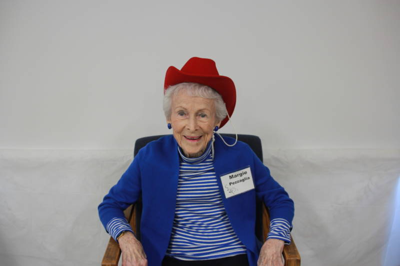 Margie Pezzaglia, 95, having a blast at the Ashby Village tea. 