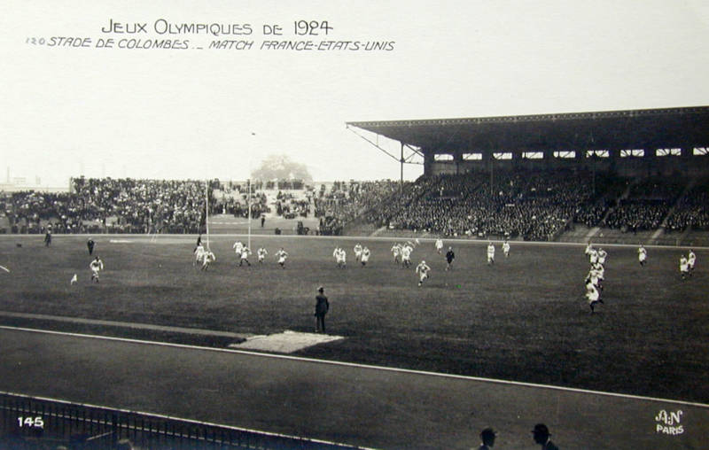 A scene from the 1924 gold medal rugby match between France and the U.S.