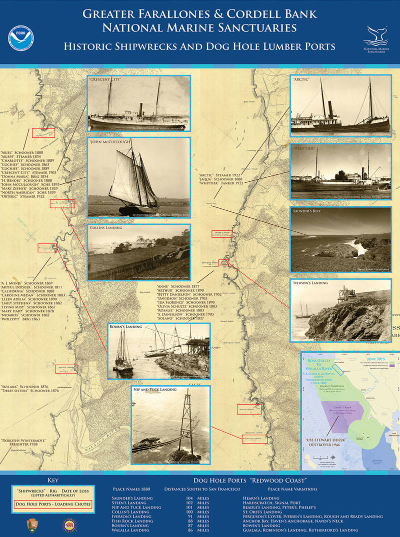 A map of shipwrecks and doghole ports in Cordell Bank and Greater Farallones National Marine Sanctuaries.