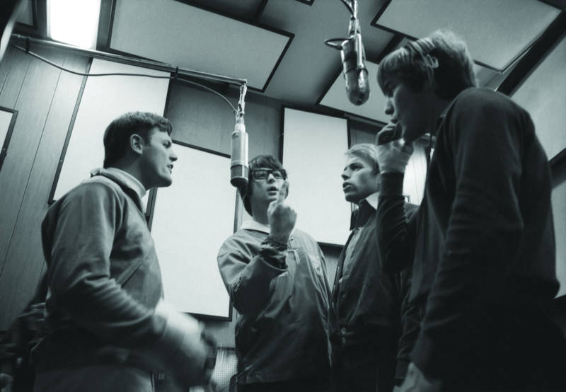 The Beach Boys' Bruce Johnston, Brian Wilson, Al Jardine and Dennis Wilson (left to right) recording Pet Sounds.