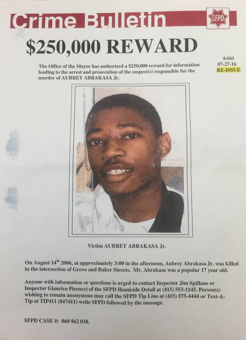 A bulletin announces a $250,000 reward for information leading to arrest and prosecution of suspects responsible for the murder of Aubrey Abrakasa Jr.
