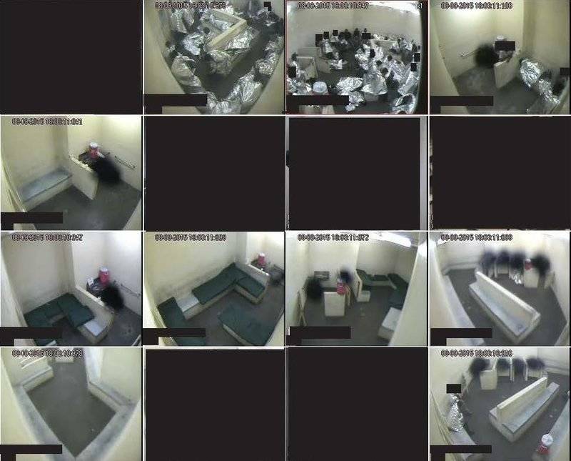 Various surveillance images from August 2015 at a Border Patrol holding facility in Tucson show men crowded into a few cells and lying on concrete with no mats, while other cells are empty and contain unused mats. Plaintiffs in a lawsuit over the use of such holding centers point out water being stored in toilet areas.
