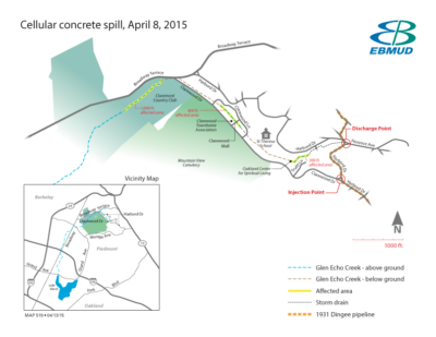 The East Bay Municipal Utility District's map of the areas affected by a 2015 concrete spill into Glen Echo Creek. (Click for larger image.)