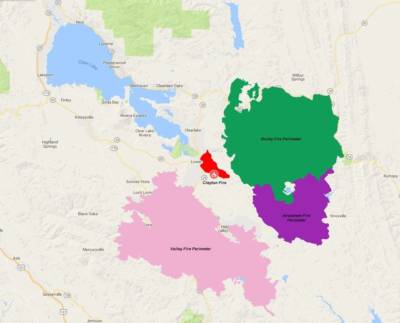 Cal Fire map shows location of Clayton Fire relative to areas burned by three big Lake County fires of 2015.