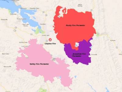 A Cal Fire map showing areas burned by last summer's Rocky, Jerusalem and Valley fires along with location of the Clayton Fire that started Saturday evening (click for larger image). 