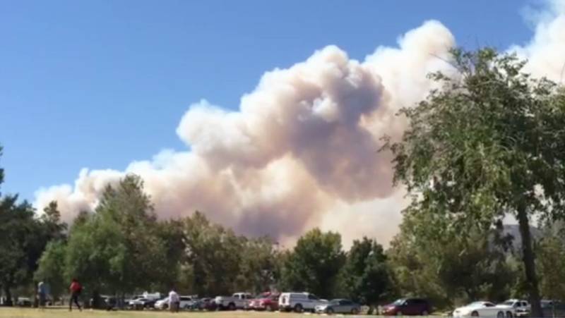 The Blue Cut Fire smoke plume viewed from Glen Helen Regional Park in Devore, California.