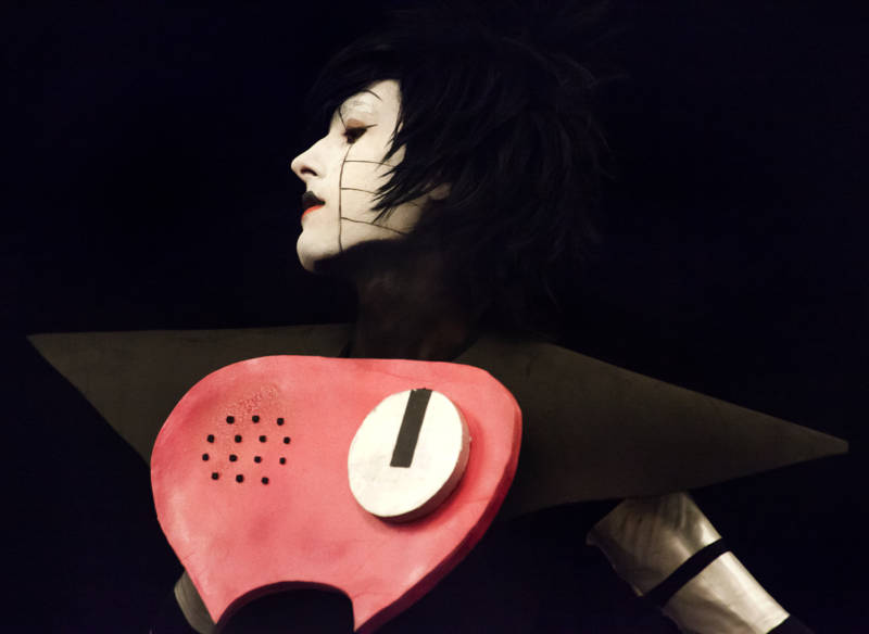 Mettaton, from the indie role playing video game Undertale, cosplayed on stage during the GX4 Cosplay Pageant.