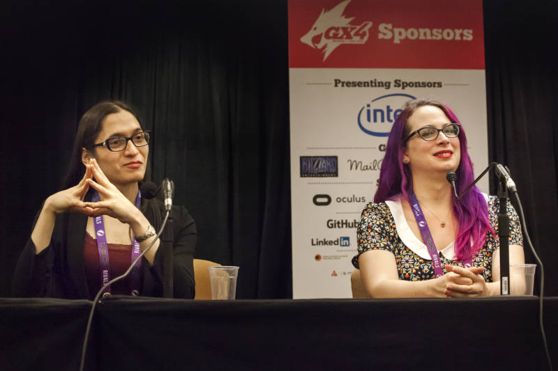 Widely published game critic Katherine Cross and writer, game developer, and graphic designer Crystal Frasier speak at a panel on finding identity through gaming.