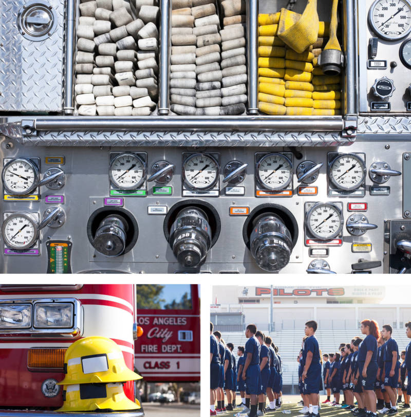 Hoses piled neatly on a firetruck at Banning High School's firefighting program in Los Angeles; students line up for exercises; helmets stacked on the bumper of a fire truck.