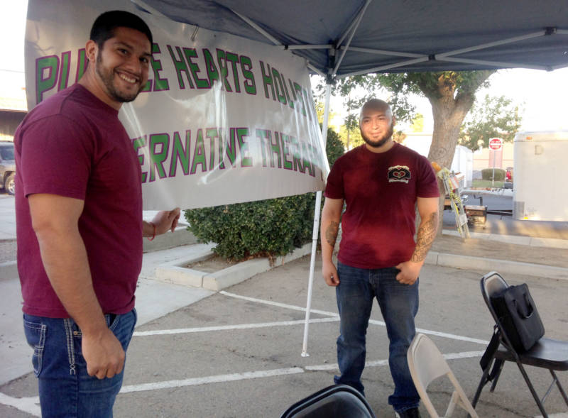 Andrew Chavez and Luis Valencia came to the Huron farmers market to try and get locals on board with medical cannabis. 