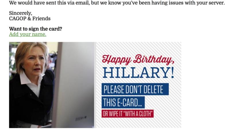 An email sent out by the CA GOP on Hillary Clinton's birday