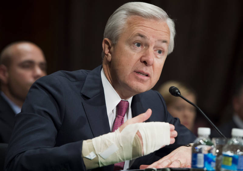 Wells Fargo CEO John Stumpf testifies about the unauthorized opening of accounts by Wells Fargo during a Senate hearing on September 20, 2016.