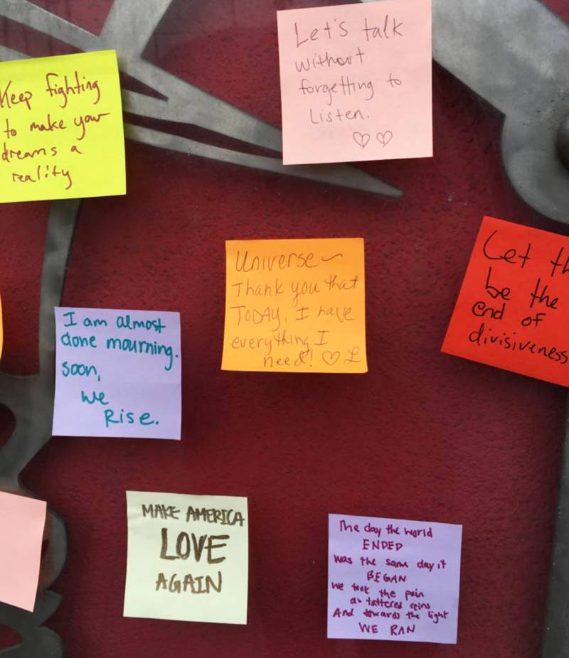 Notes bearing messages of support and empathy were stuck to the walls at the 16th St. BART station in San Francisco.