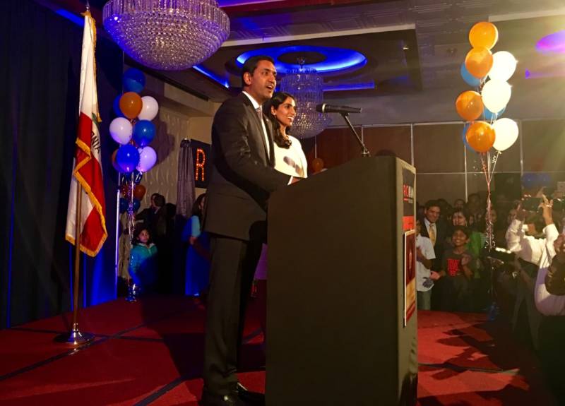 Ro Khanna with wife Ritu Khanna at the Royal Palace in Fremont on election night.