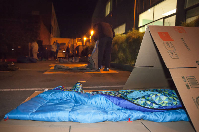 Those attending the Sleep Out made their beds with cardboard boxes, blankets and sleeping bags in the parking lot of covenant House in Oakland, California.