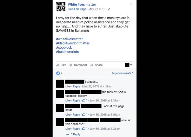 Of posts that NPR flagged, this one, with the hashtag #blacklivesdontmatter, was left up erroneously, according to Facebook officials.