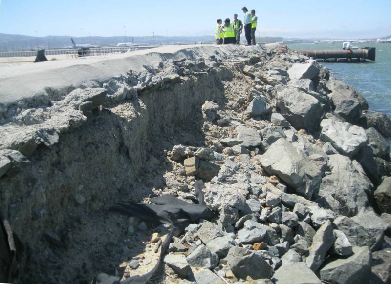 A segment of the damaged seawall at San Francisco International Airport.