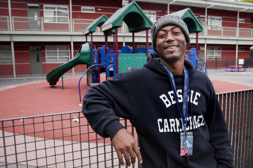 Dante Washington, a security guard at Bessie Carmichael Elementary School, poses for a photo.