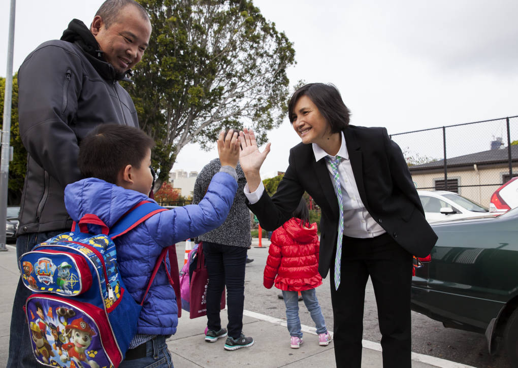 Tina Lagdamen, the Principal at Bessie Carmichael Elementary School in San Francisco, says goodbye to each of her students at the end of the school day with a high-five and a smile.