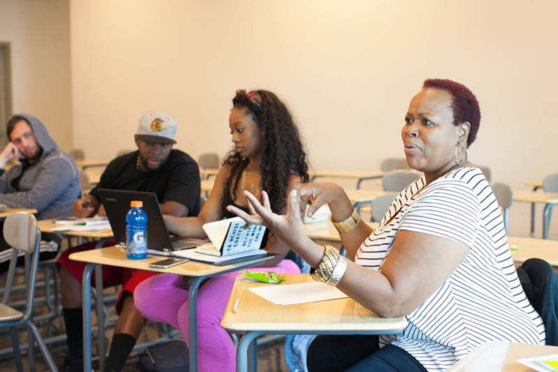 Cynthia Graham, right, participates in a discussion in Leslie Tejada's English 100 class at West Los Angeles College in Los Angeles, Calif. on Thursday, Nov. 3, 2016.