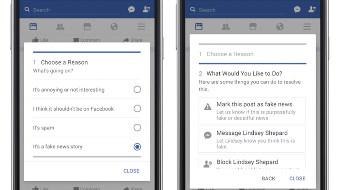  A mockup provided by Facebook shows the screens it will use to allow users to report a potential hoax or fake news story.