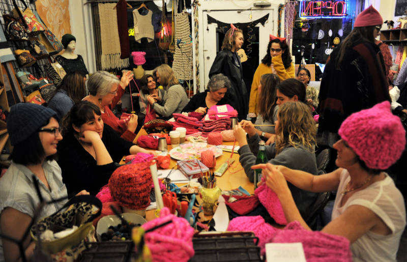 A group of women knit pussyhats at The Little Knittery in Atwater Village in Los Angeles. 