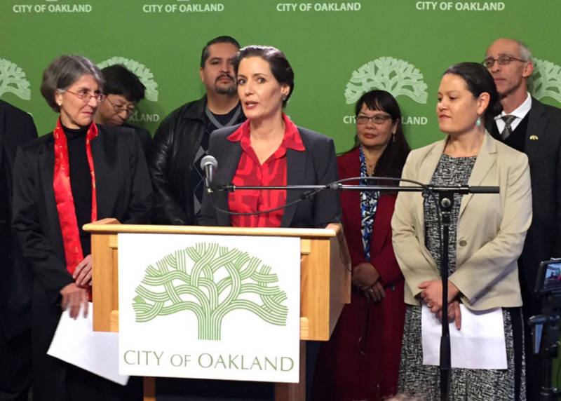 Oakland Mayor Libby Schaaf speaks during a Jan. 4 press conference at City Hall to introduce incoming Oakland Police Chief Anne E. Kirkpatrick (left).