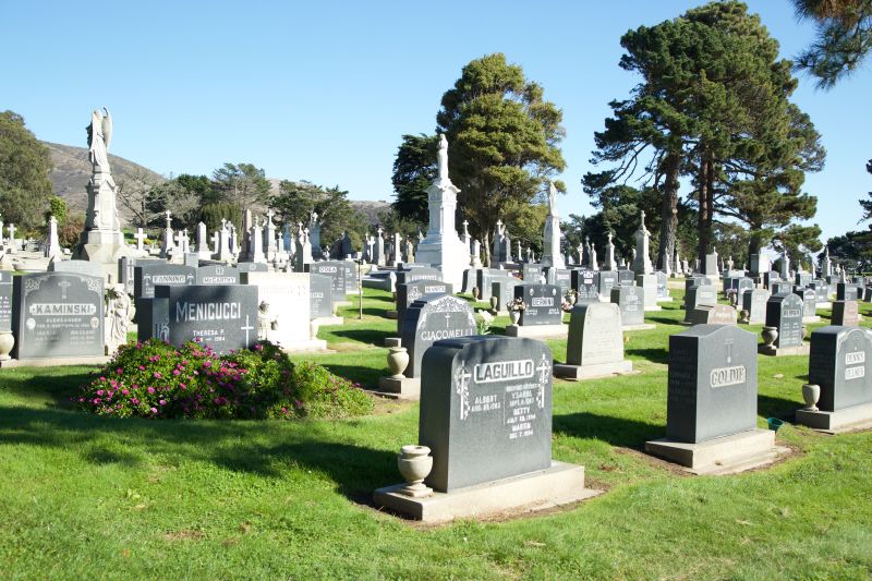 In many parts of Colma, neat rows of gravestones are visible for as far as the eye can see.