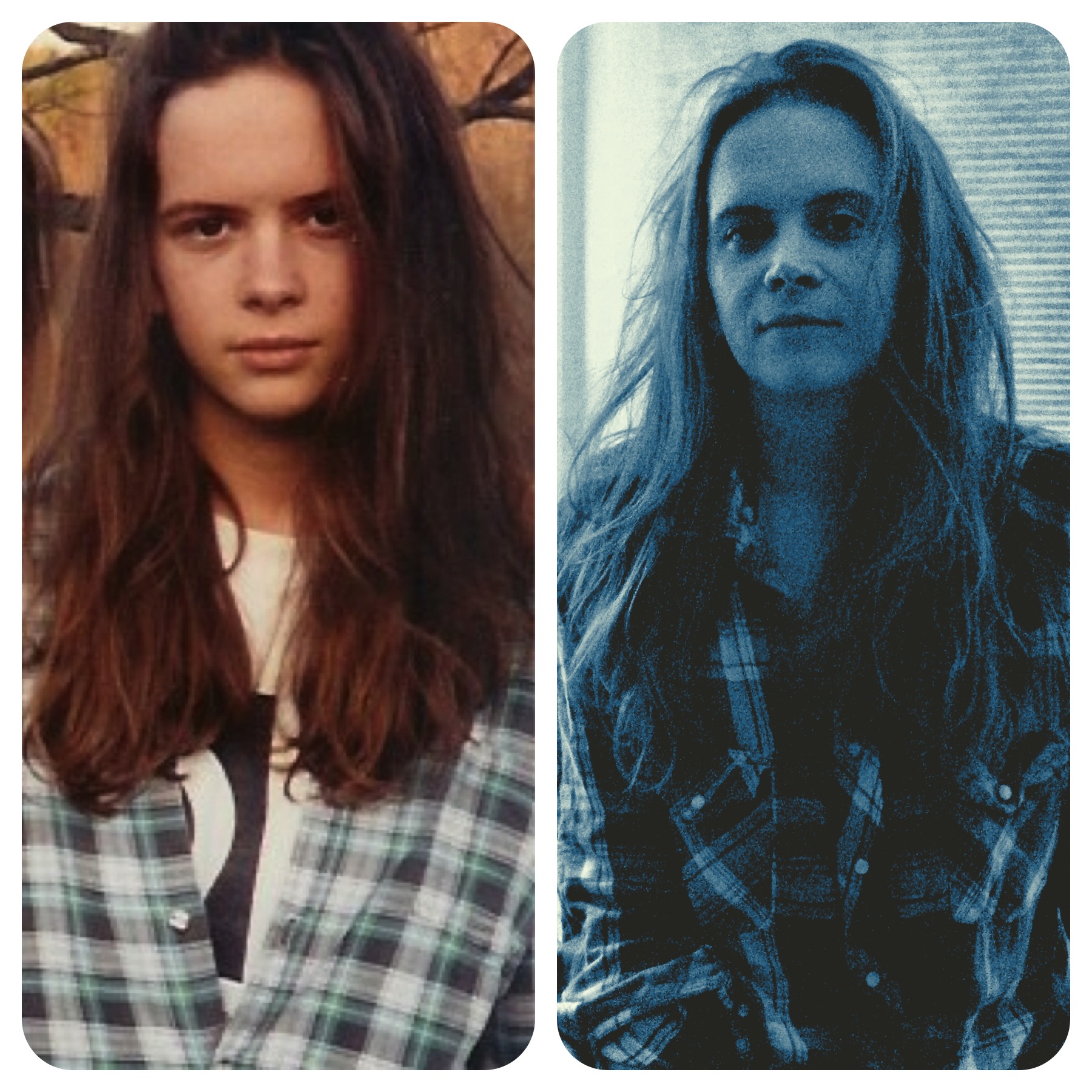 Me at 14 v. Me at 34. Believe it or not there was a decade where my hair was other colors and lengths and I never wore flannel.