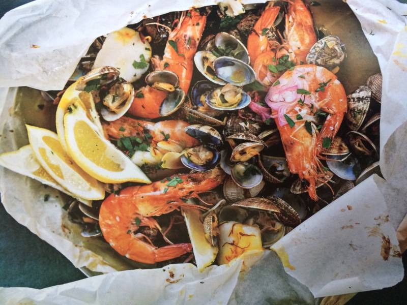 Here is a seafood-and-sherry dish one is supposed to be able to make at the last minute if one has "unexpected guests"