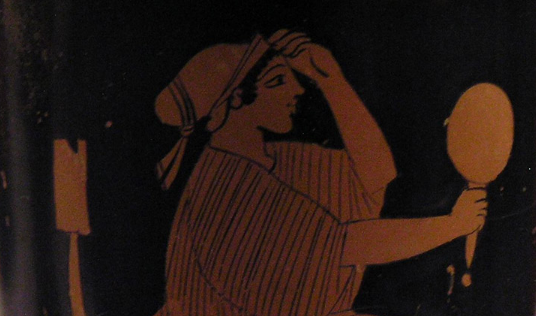 Detail from an Ancient Greek Attic red-figure lekythos depicting a Seated woman holding a mirror, c. 470–460 BC, National Archaeological Museum, Athens 