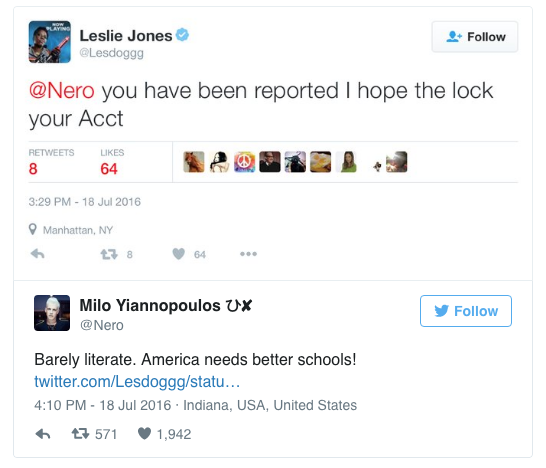 One of the exchanges on Twitter between Leslie Jones and Milo Yiannopoulos
