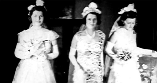 Rosemary (L) with her mother and sister Kathleen on the day of her presentation to the King and Queen.