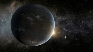 This artist’s concept imagines an exoplanet named Kepler-62f, and in the distance, another planet called Kepler-62e. Scientists have found that these two planets orbit their star at a distance that would make it possible for them to have liquid water.  Credit: Courtesy of NASA Ames/JPL-Caltech/Tim Pyle. 