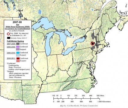 WNS Occurrence by County. Map courtesy of Cal Butchkoski, Pennsylvania Game Commission. 
