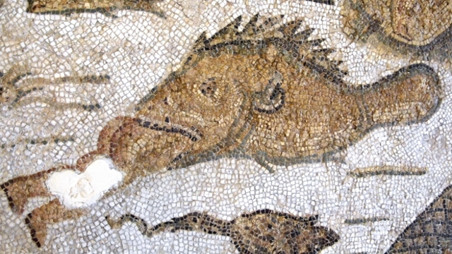 Dusky grouper swallowing a person in a Roman mosaic; Bardo Museum, Tunisia