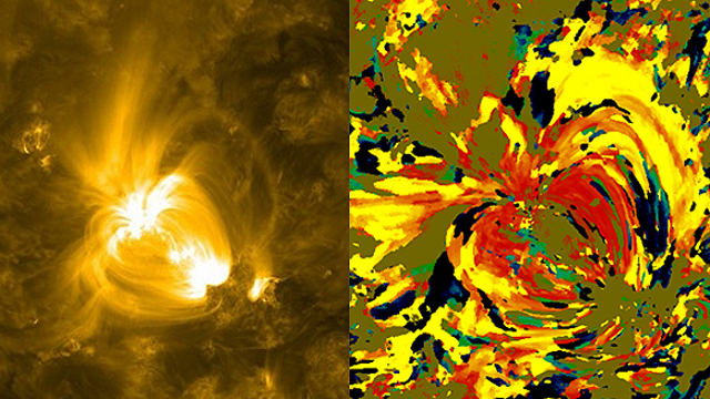 Image of the sun and visualization of temperature changes in the same area