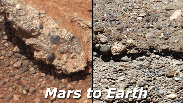 Mars streambed conglomerate compared to example on Earth. Credit: NASA/Mars Science Laboratory