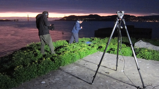 Multimedia Producer Joshua Cassidy films Alex Nguyen looking for milipedes on Alcatraz. 