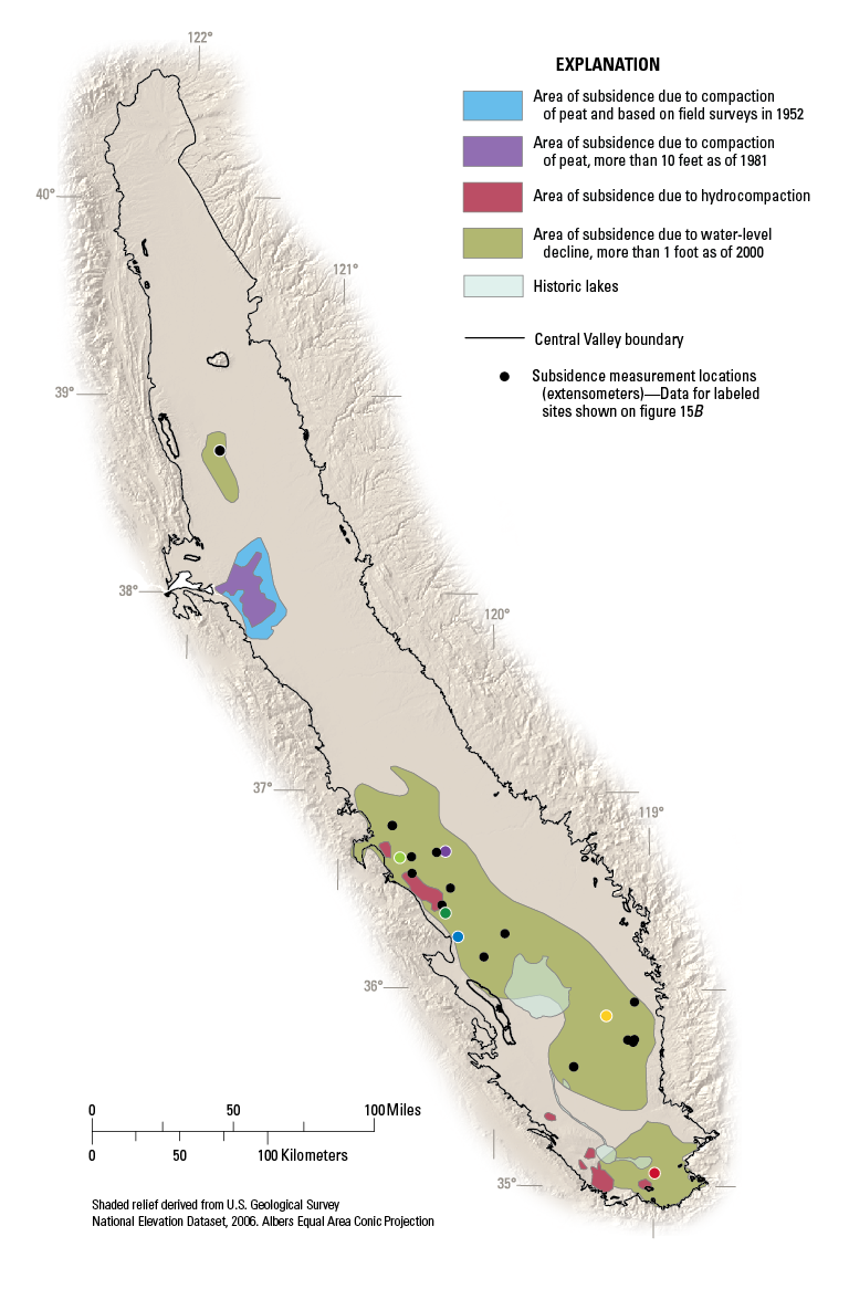 Subsidence in the Central Valley. Click to see a larger version of the map. (USGS)