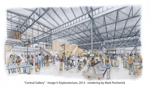 An artist's rendering of the Central Gallery in the new building, where exhibits will focus on sight and sound. (Mark Pechenick/Exploratorium)