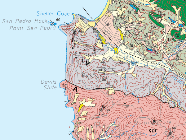 Kgr, granitic rocks of Montara Mountain; Tss, Paleocene sandstone and shale; fs and fg, Franciscan sedimentary rocks; blue, Franciscan limestone