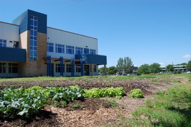 Badger Rock Middle School, with its vegetable garden in the foreground.