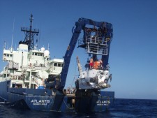 The Deep Submergence Vehicle Alvin is launched from the R/V Atlantis for the first dive to Manning seamount. Courtesy Mountains in the Sea Research Team; the IFE Crew; and NOAA/OAR/OER