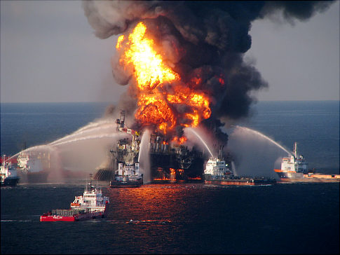 Deepwater Horizon in flames, April 21, 2010.