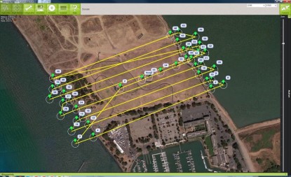 This drone above the Berkeley Marina follows GPS coordinates and takes pictures at specified points to create a terrestrial map. Photo courtesy of 3D Robotics