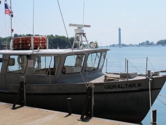 You can see Perry’s Victory and International Peace Memorial from almost anywhere in the Lake Erie Islands. This view is from Stone Lab’s dock on South Bass. Credit: Jean O’Malley